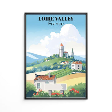 Vintage loire valley france travel print. retro french countryside chateau rolling hills rustic cottage landscape wall decor.
