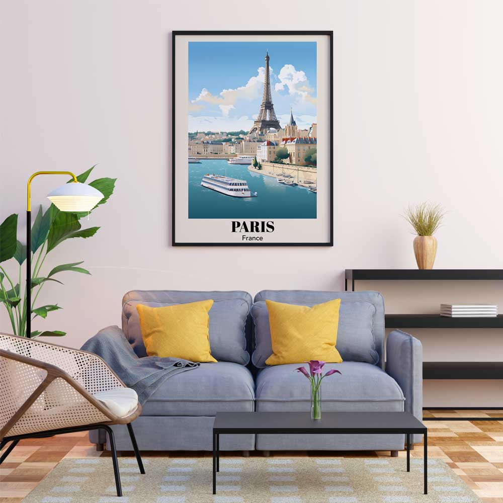 Vintage paris seine river travel art print retro eiffel tower skyline illustration cruise boat water reflection wall decor.