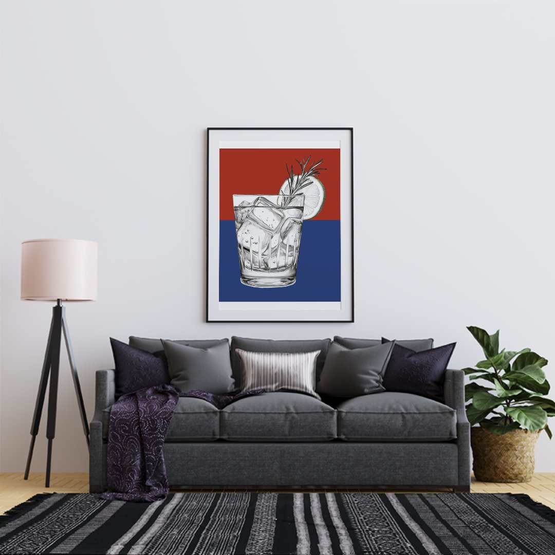 Gin And Tonic - Cocktail, bar art print, Blue, Gin And Tonic Wall Art, #illieeart #