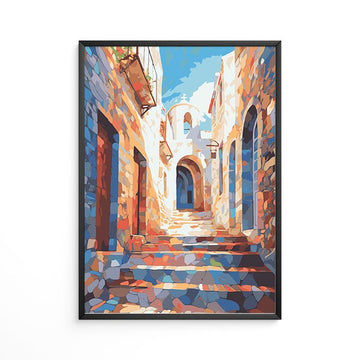 Santorini Greece Sunlit Alley Painting. Impressionist style oil painting reproduction featuring a sunlit Mediterranean&nbsp; alleyway, stone arches, terracotta buildings, and vibrant blue coastal colours.