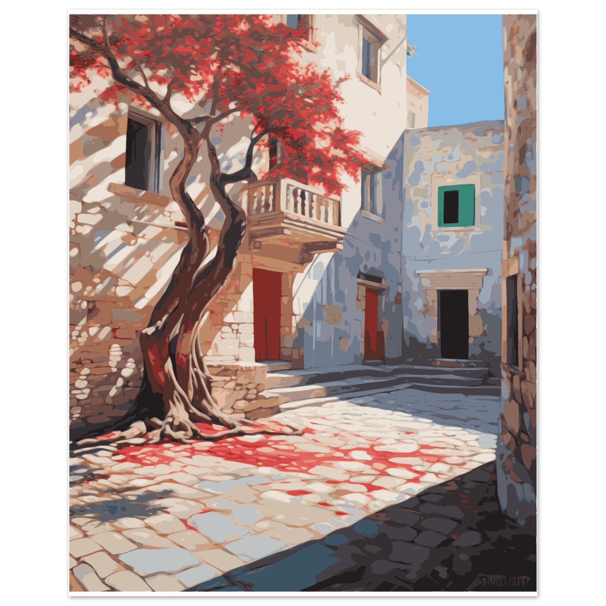 Greece - Flowering Bougainvillea, Mediterranean Village Street, bougainvillea, Greek art print, Travel Poster, #illieeart #