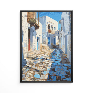 Vintage greece coastal alley painting print santorini whitewashed buildings blue sea view impressionist textured path art.