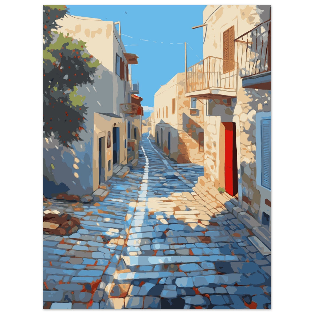 Vintage mediterranean sea view alley painting print steep stone street bright blue ocean bay red door accent wall decor