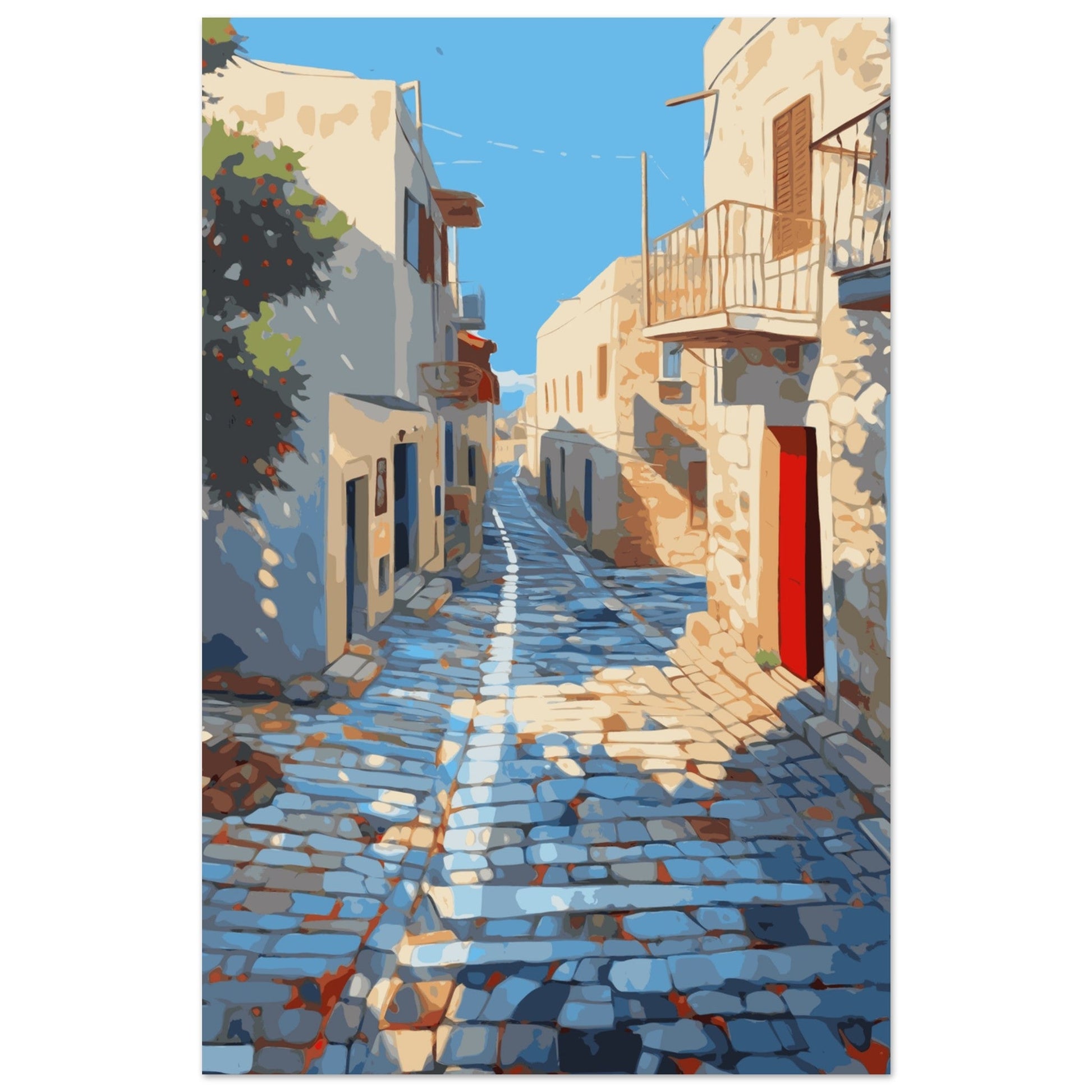 Greece - The Bright Red Door | Mediterranean Cobbled Alley, Greek art print, Mediterranean art print, Travel Poster, #illieeart #