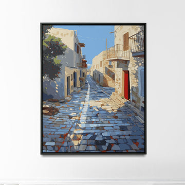 Vintage mediterranean sea view alley painting print steep stone street bright blue ocean bay red door accent wall decor