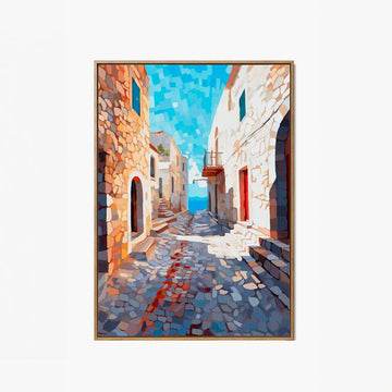 Vintage mediterranean sea view alley painting print impressionist oil style steep cobblestone street rustic stone houses white villas ocean background wall decor.