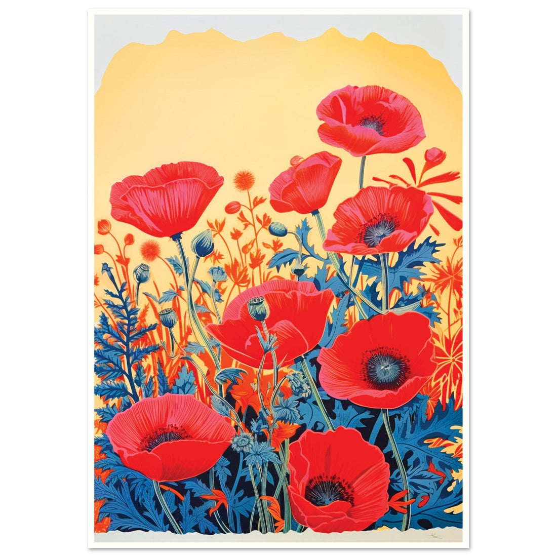 Risograph Red Poppies framed, Floral Print, Red Poppies, Risograph Flowers, #illieeart