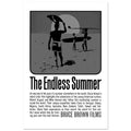 The Endless Summer black and white minimalist surf art print longboard surfers silhouette high contrast beach photography modern coastal decor.
