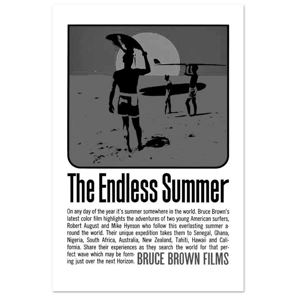 The Endless Summer black and white minimalist surf art print longboard surfers silhouette high contrast beach photography modern coastal decor.
