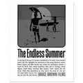 The Endless Summer black and white minimalist surf art print longboard surfers silhouette high contrast beach photography modern coastal decor.
