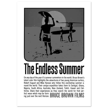 The Endless Summer black and white minimalist surf art print longboard surfers silhouette high contrast beach photography modern coastal decor.

